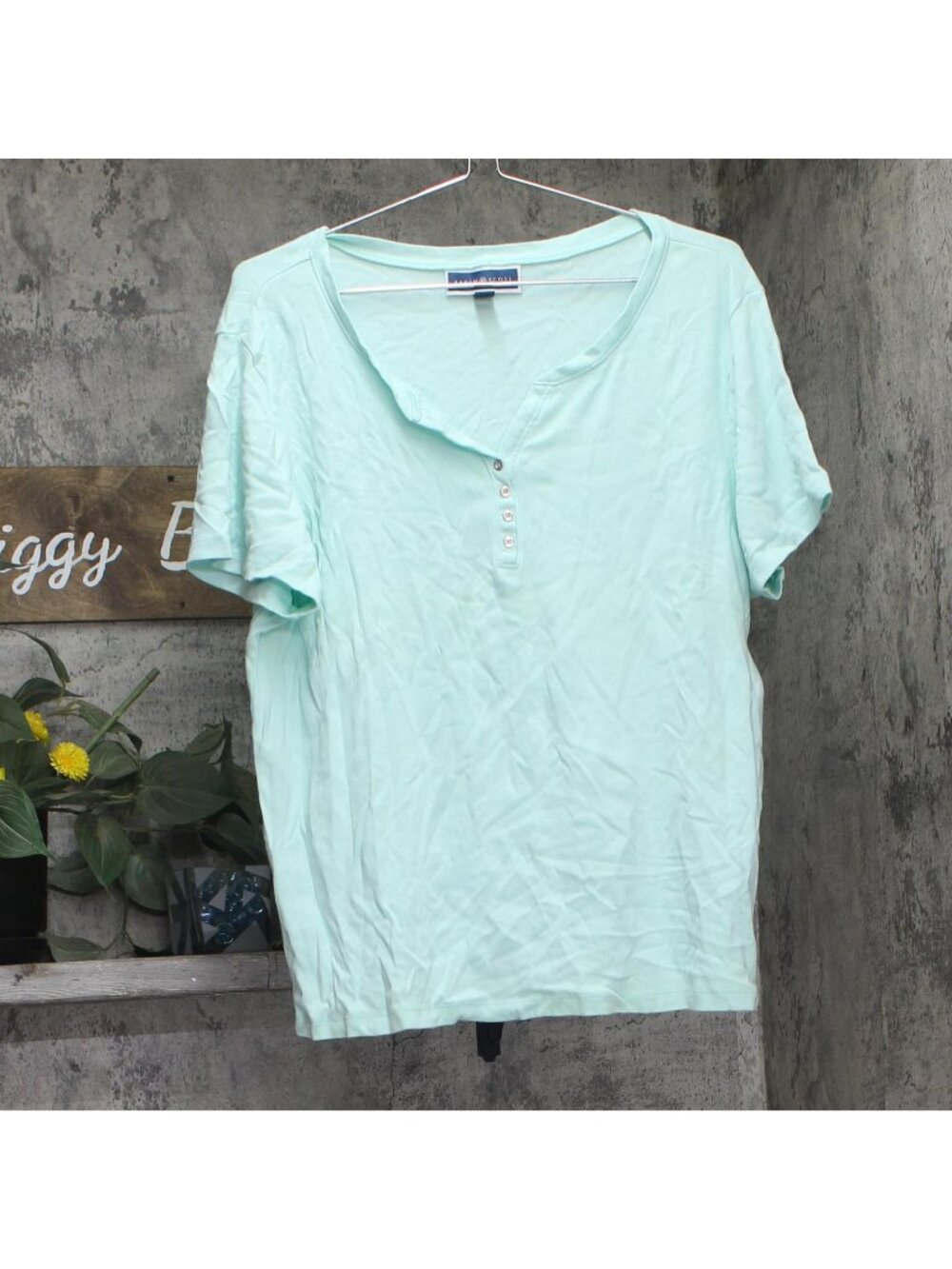 Karen Scott Womens Knit Short Sleeve Henley Shirt Top Aqua Blue Green XL